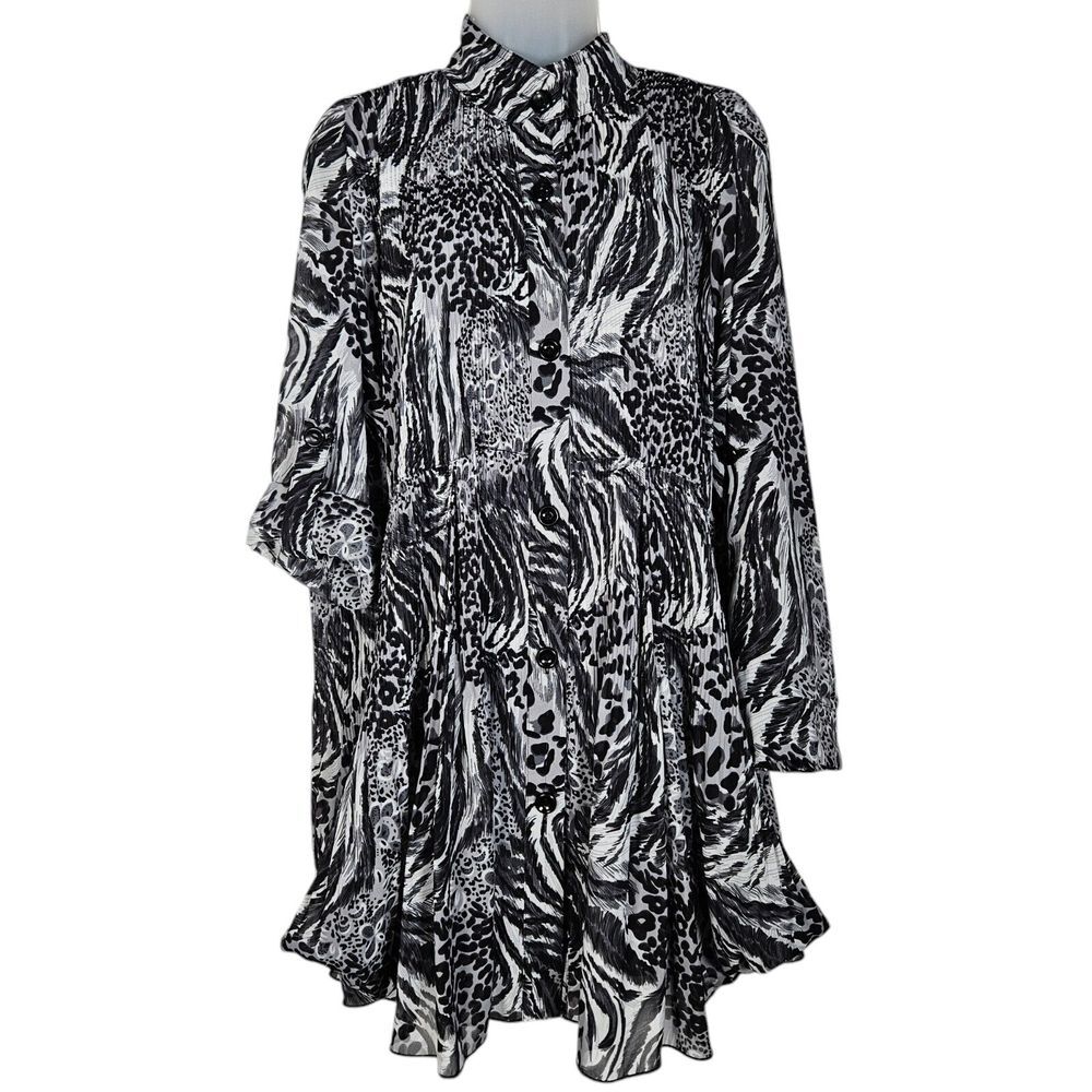 Ali Miles Top Womens sz L Black Animal Abstract Sheer Tunic Oversized Whimsigoth
